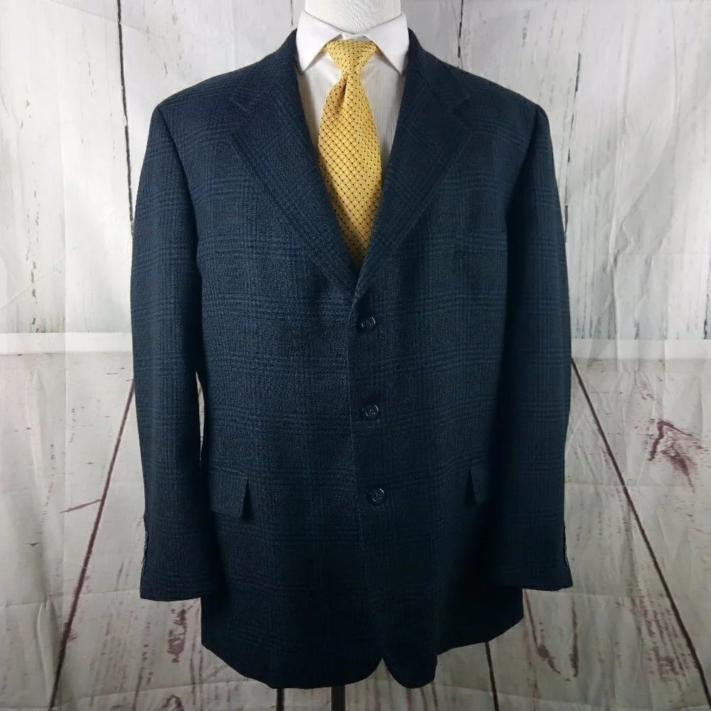 Corporate Gear Munsing Wear 46L Lambswool 3 Button Blue Plaid Suit Blazer Jacket